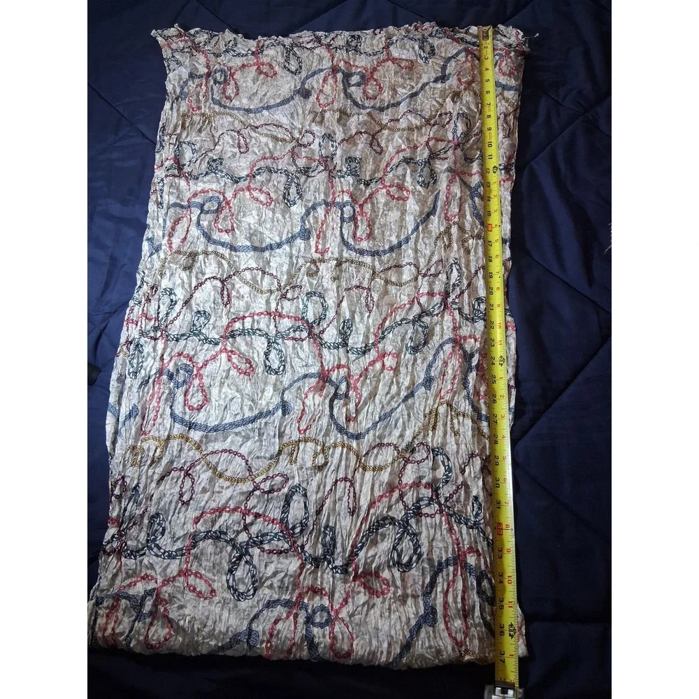 Tous 100% Silk Scarf Chain Link Print Crinkle Texture‎ Cream Red Blue NWT